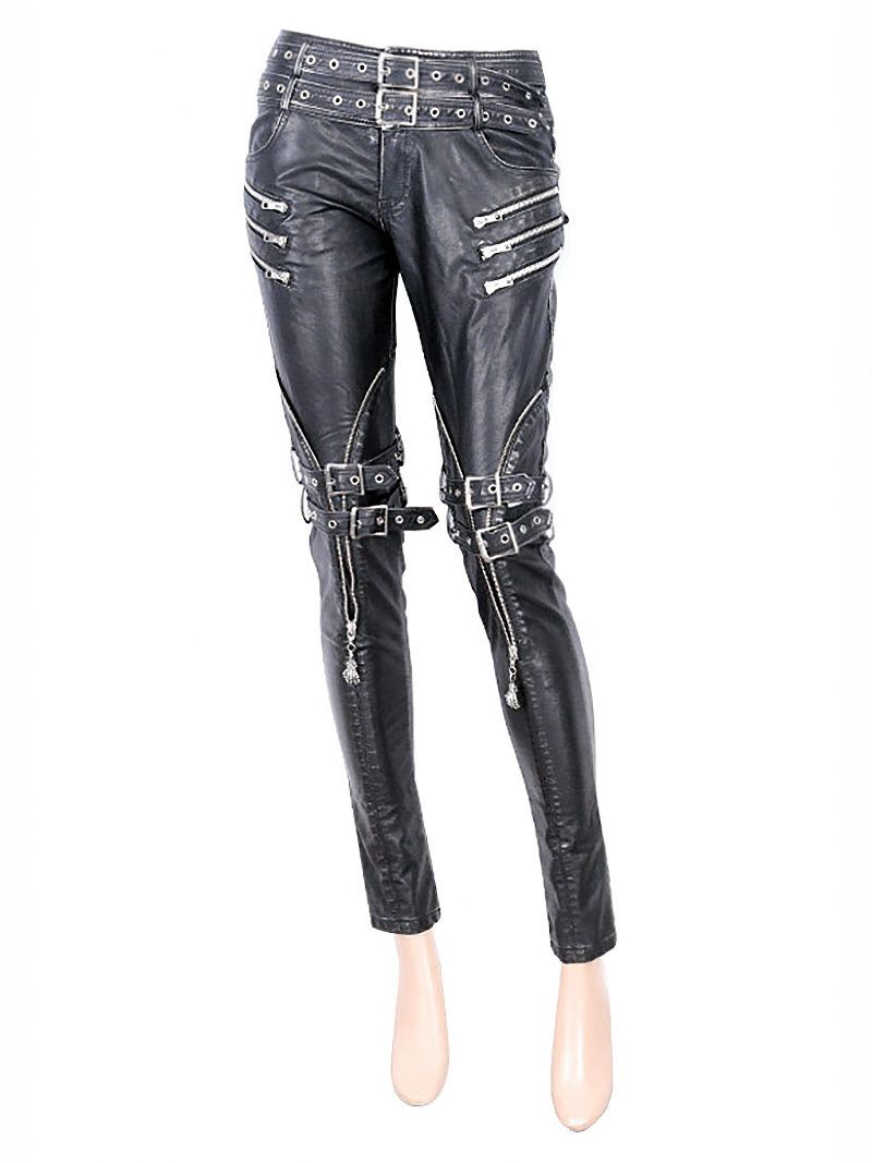 Steampunk black PU leather pants for women with silver rivets, zippers, and stylish belts, perfect for a gothic wardrobe.