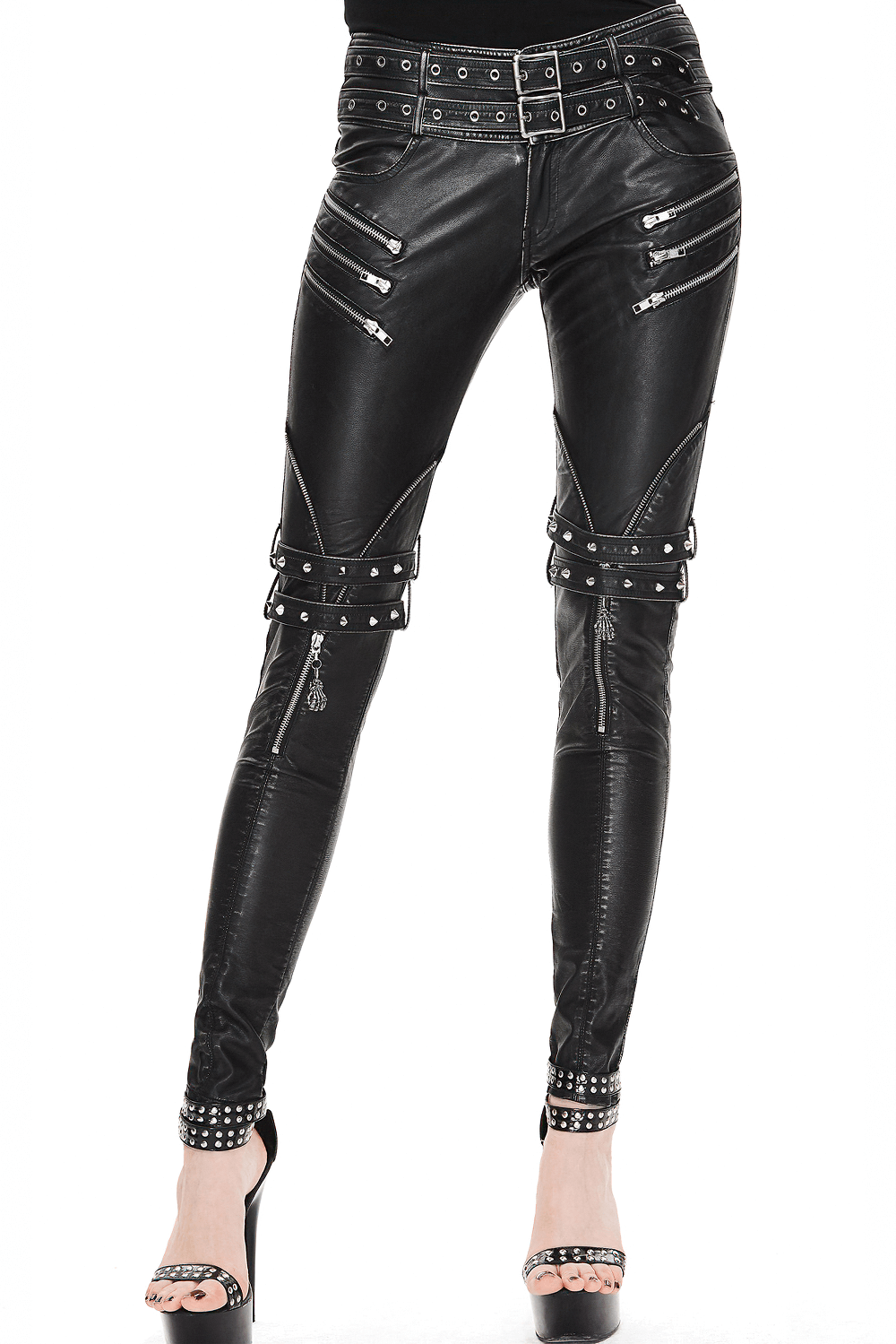 Steampunk Black PU Leather Pants For Women / Gothic Casual Tight Pants with Belts - HARD'N'HEAVY