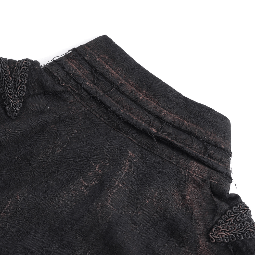 Close-up of the ruffled high collar detail on a steampunk black shirt for women, showcasing gothic lace accents.