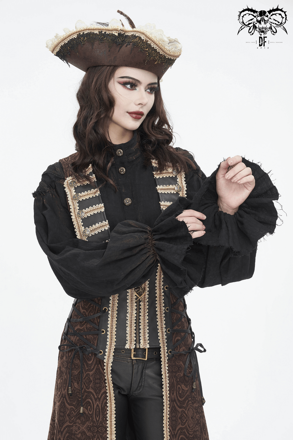 Steampunk black shirt with ruffled sleeves and a high collar, styled with a vintage pirate hat, exuding gothic elegance.