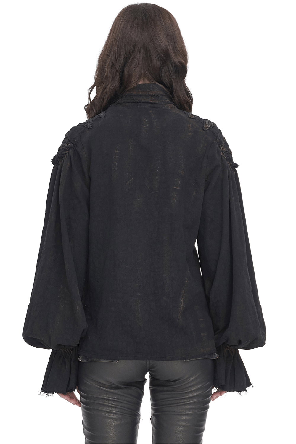 Rear view of women's steampunk black ruffle high collar shirt featuring dramatic sleeves and lace details.