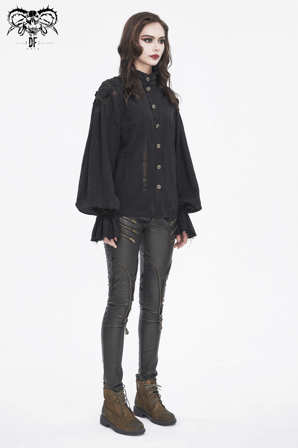 Model wearing a steampunk black ruffle high collar shirt with lace detailing, paired with edgy leather pants.