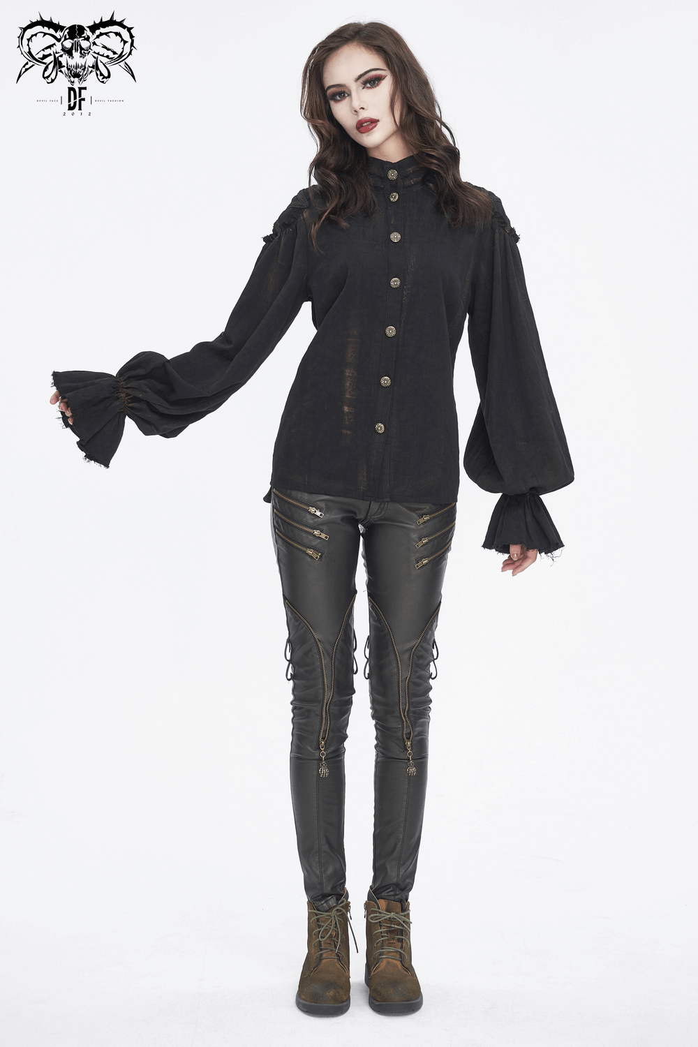 Gothic female model in a steampunk black ruffle high-collar shirt and leather pants, exuding dark elegance and retro style.