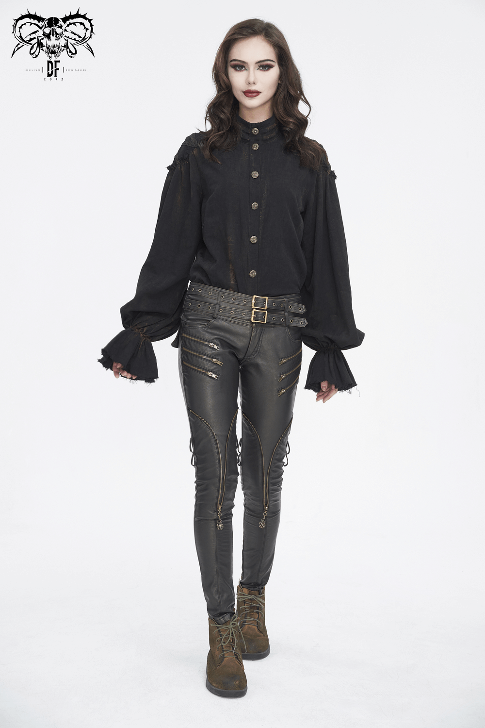 Gothic woman in steampunk black ruffle high collar shirt, stylishly paired with edgy leather pants.