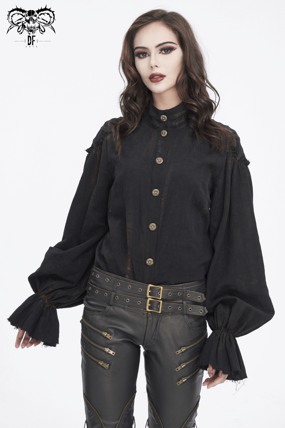 Steampunk black ruffle high collar shirt for women with gothic flair and intricate lace details.
