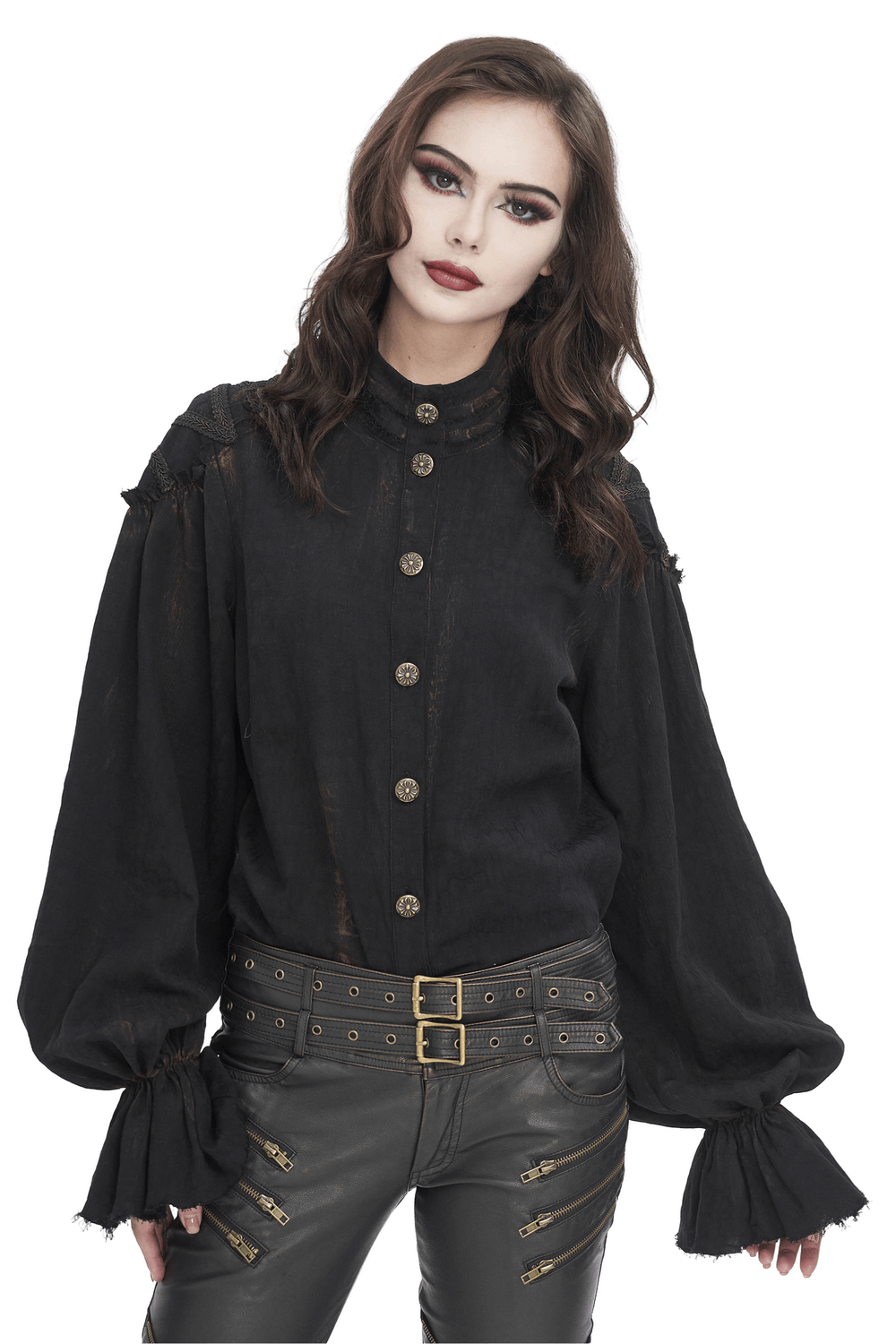 Gothic steampunk black ruffle high-collar shirt for women featuring ruffled sleeves and lace detailing.