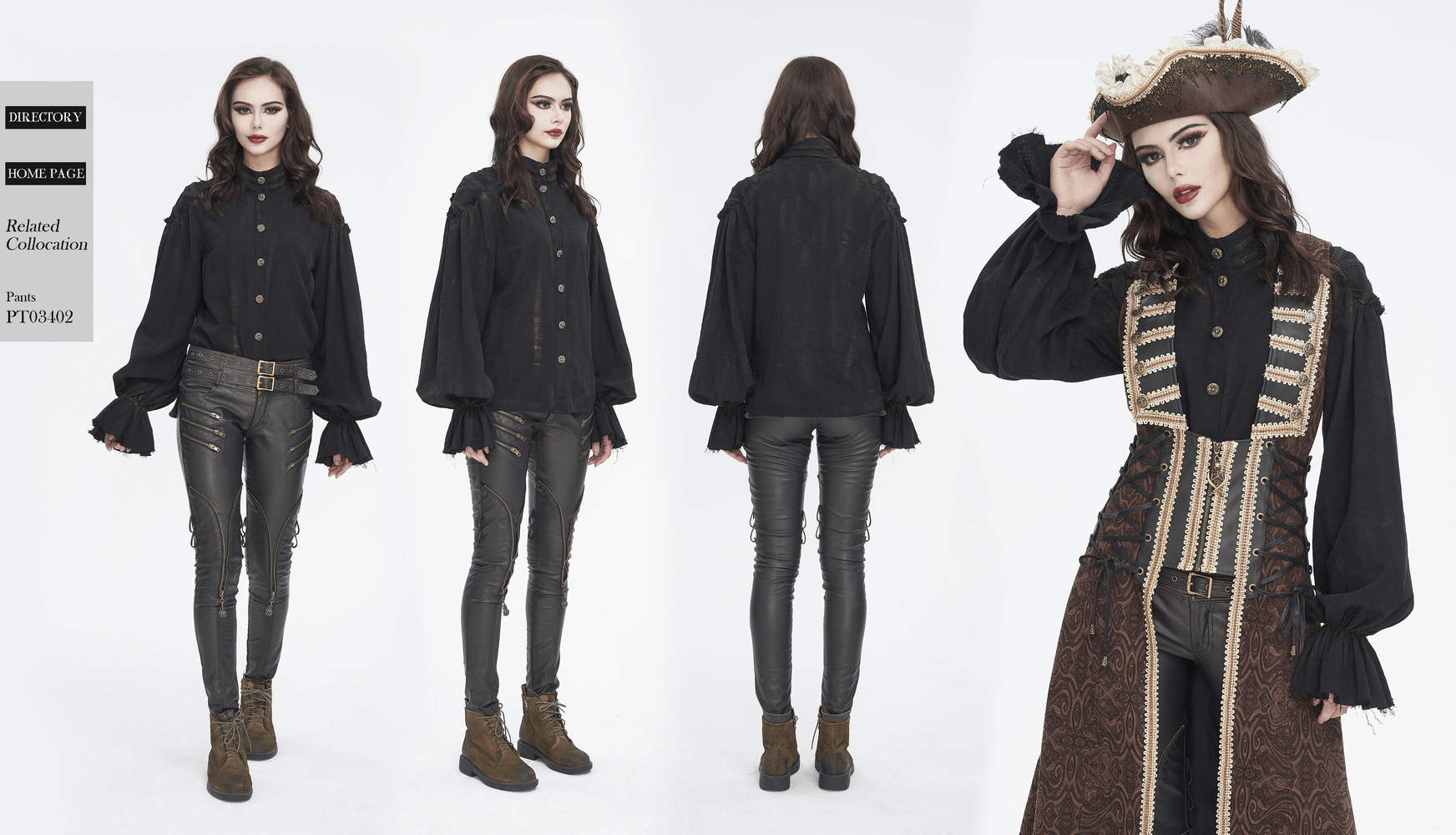 Gothic women wearing a steampunk black ruffle high collar shirt with ruffled sleeves and lace detailing, styled elegantly.