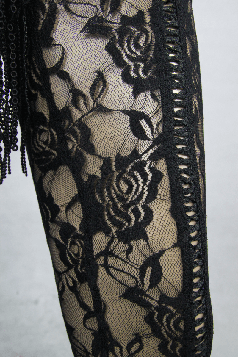 Close-up of black lace leggings featuring floral patterns, perfect for a sexy steampunk look.