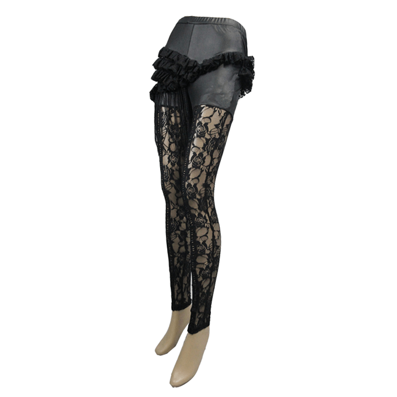 Sexy steampunk black transparent flower pants with lace and PU leather ruffles for a stylish look.