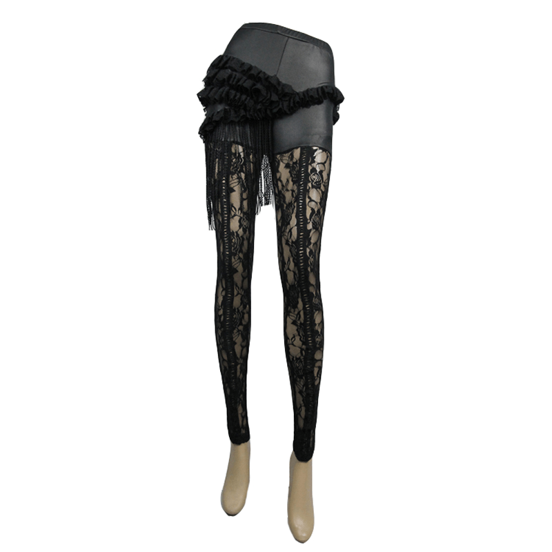 Steampunk black transparent flower pants with sexy lace leggings and PU leather ruffles for a stylish look.
