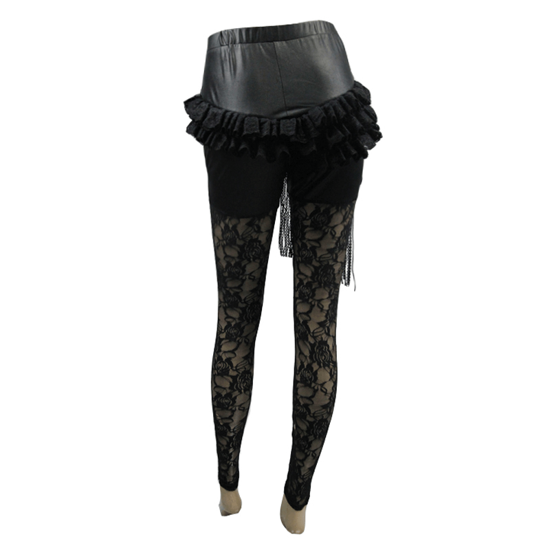 Steampunk black lace leggings with PU leather ruffles, stylish and sexy women's pants for a chic look.