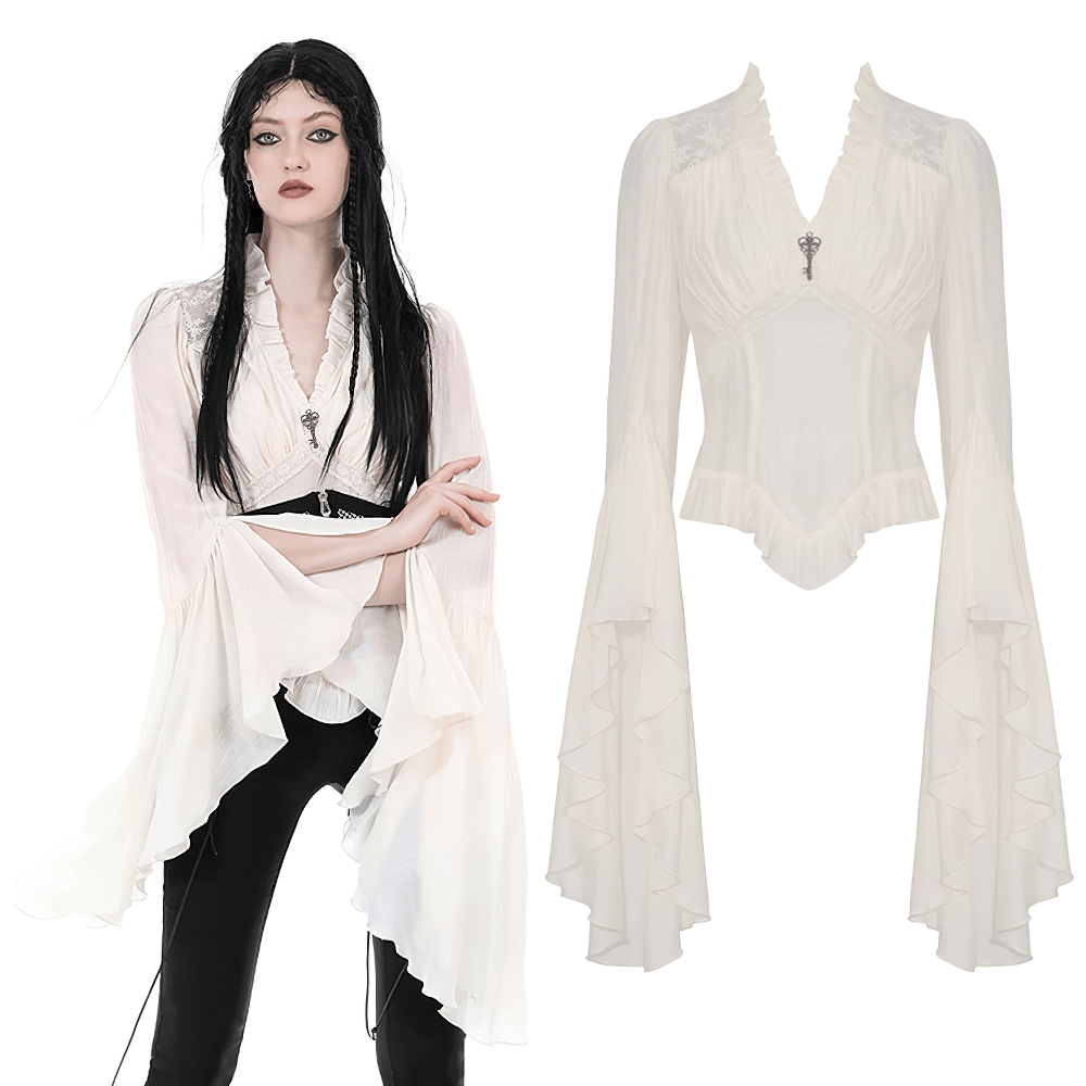 Steampunk blouse with romantic lace and dramatic bell sleeves, perfect for a stylish Victorian-inspired look.
