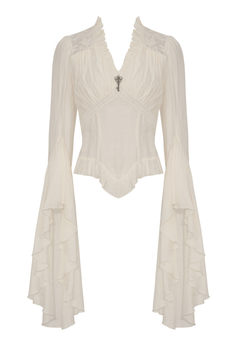 Romantic steampunk blouse featuring bell sleeves and lace details, perfect for a stylish, Victorian-inspired outfit.
