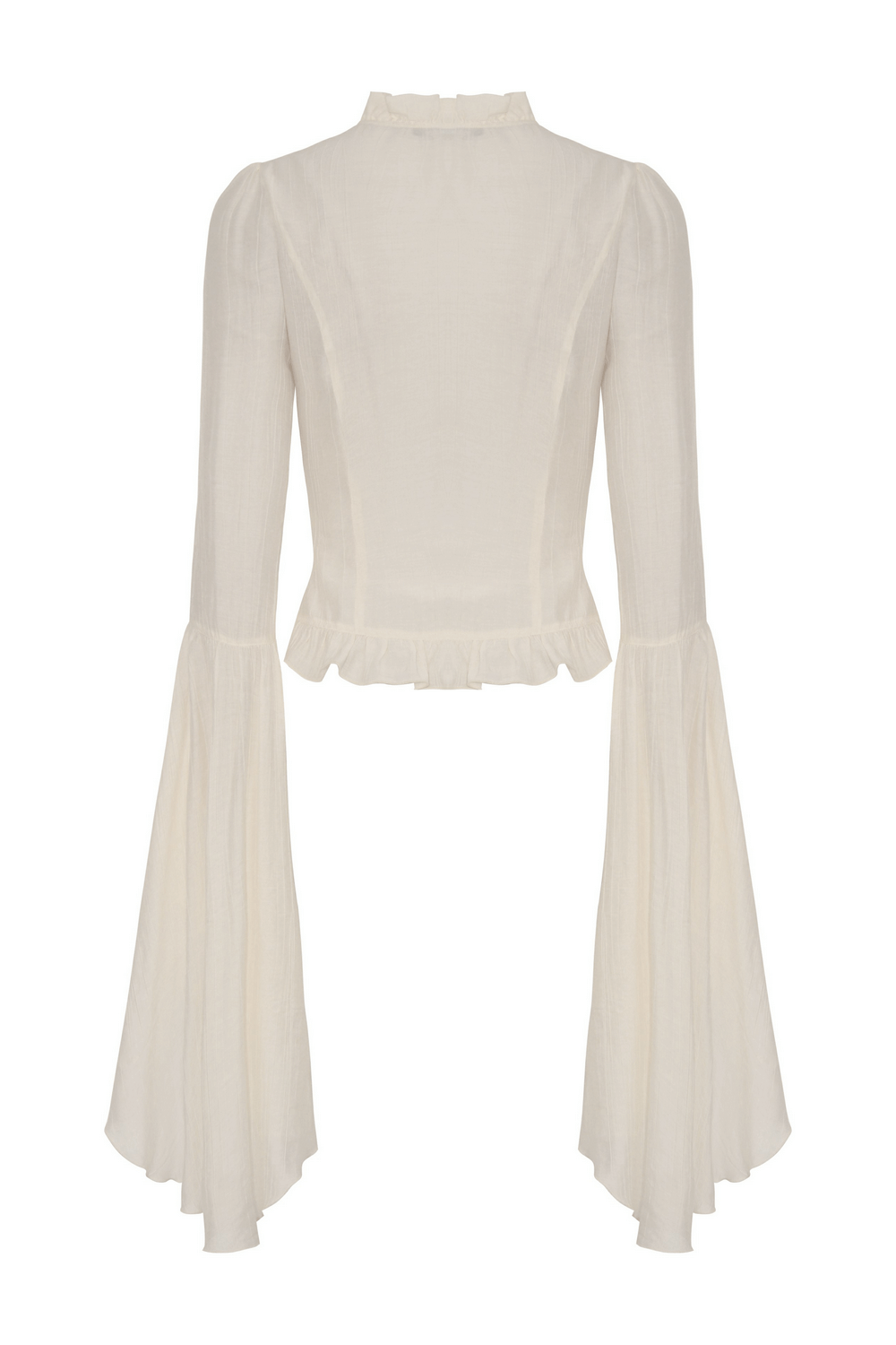 Steampunk blouse with romantic bell sleeves and lace detail, perfect for a vintage-inspired outfit.