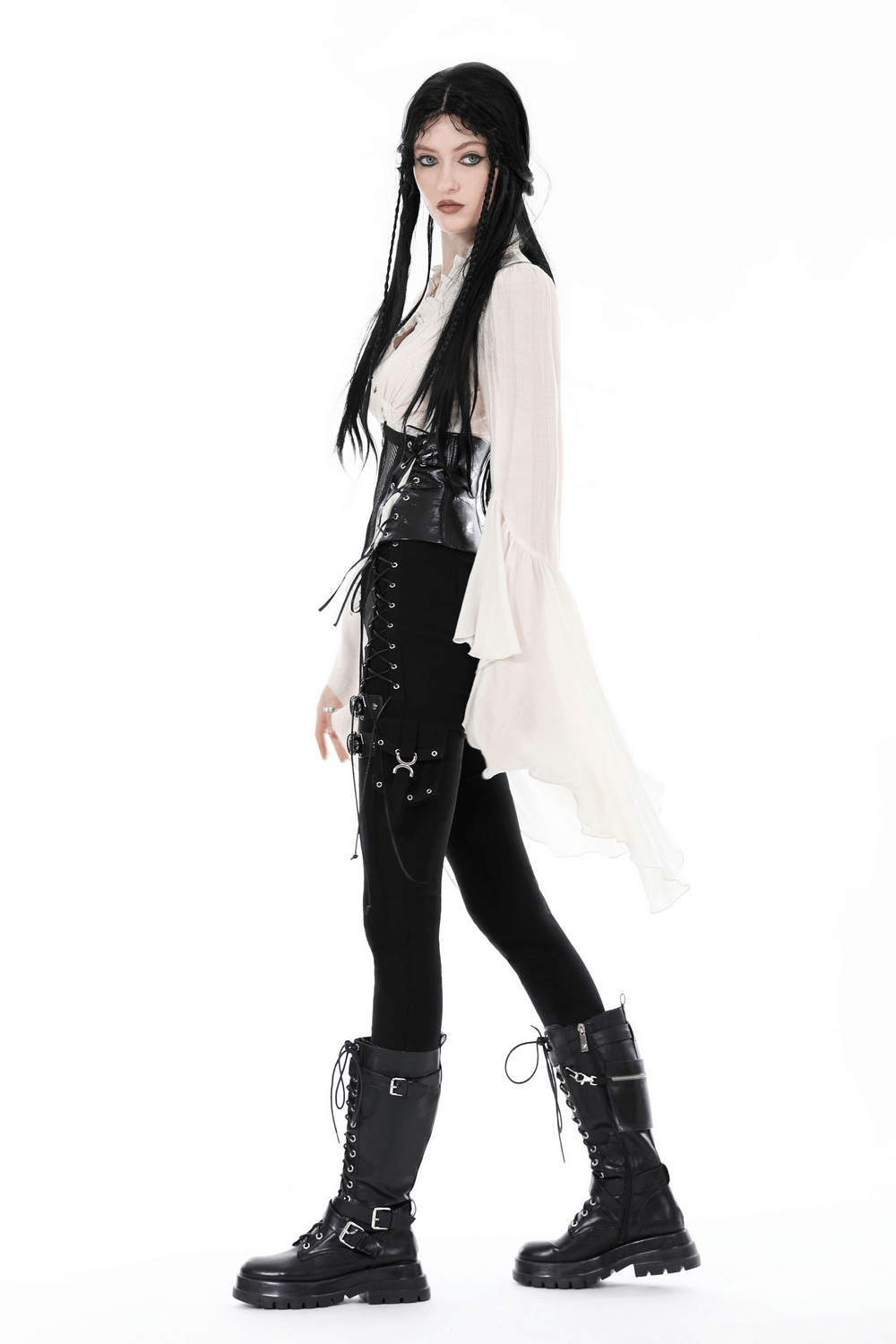 Steampunk blouse with bell sleeves, paired with a corset and stylish boots for a gothic-inspired look.
