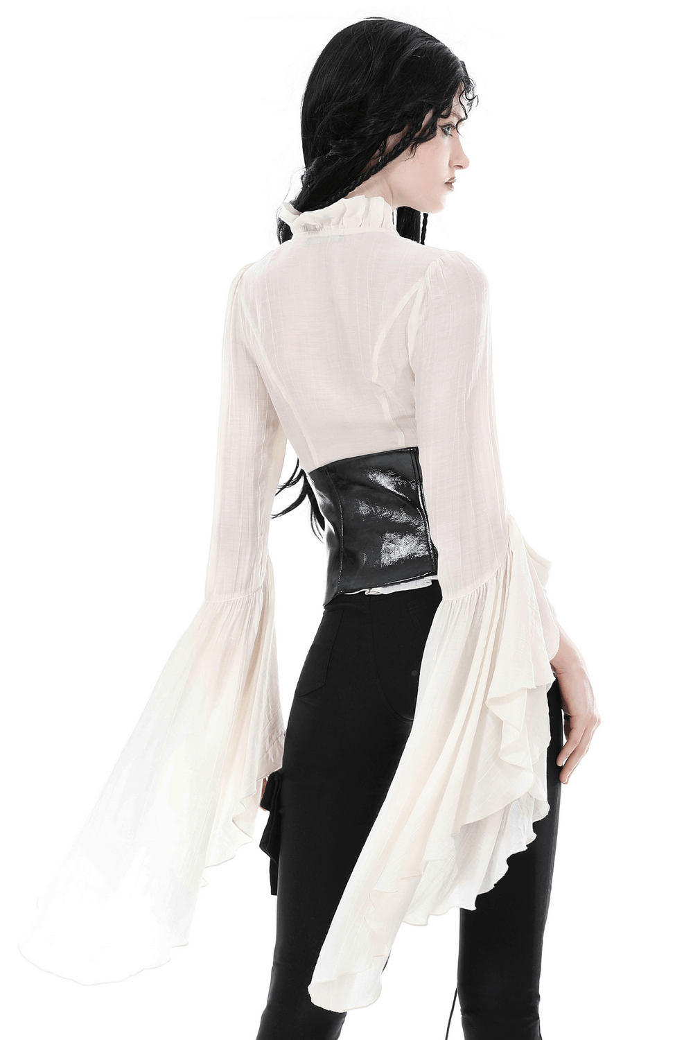 Elegant steampunk blouse with bell sleeves and lace details, perfect for a romantic night out.