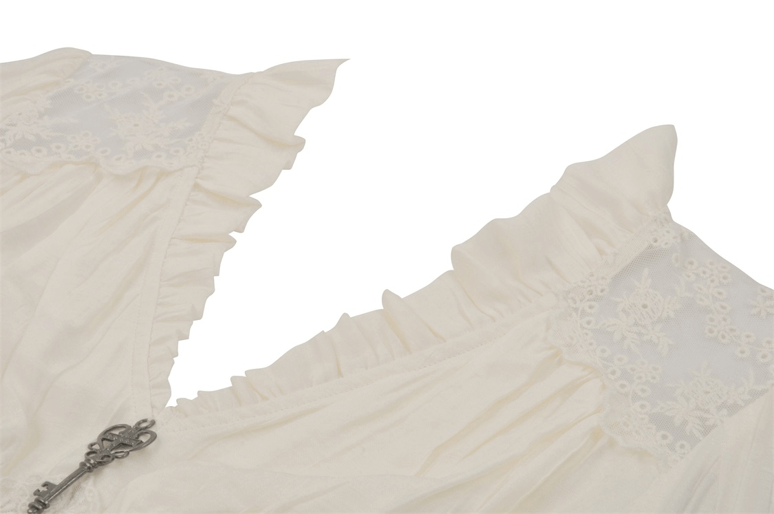 Close-up of steampunk blouse showing romantic lace and ruffled details, perfect for a Victorian-inspired outfit.