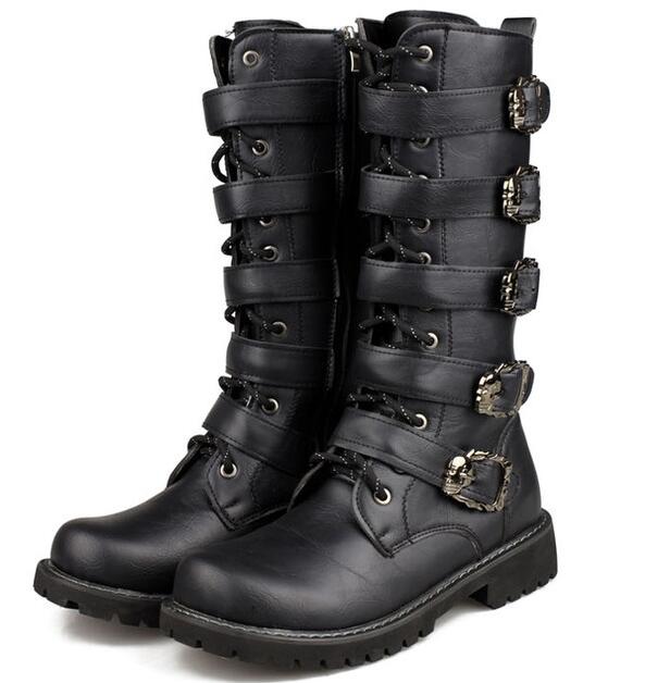 Steampunk mid-calf combat boots with skull buckles, perfect for goth fashion and rock festivals.