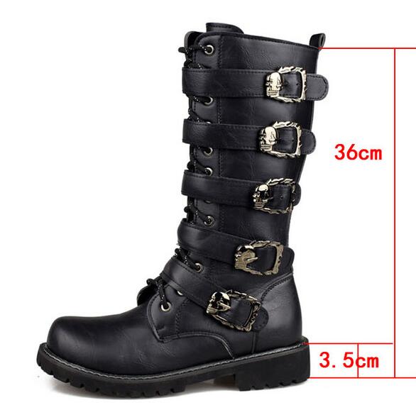 Steampunk mid-calf combat boots with skull buckles, stylish and edgy footwear for rock festivals.