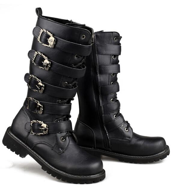 Steampunk mid-calf boots with skull buckles for goth style, perfect for rock festivals and autumn wear.