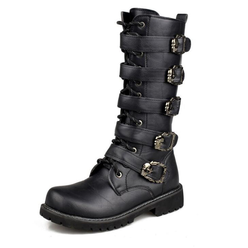 Steampunk mid-calf boots with skull buckles, stylish gothic combat footwear for rock festivals.