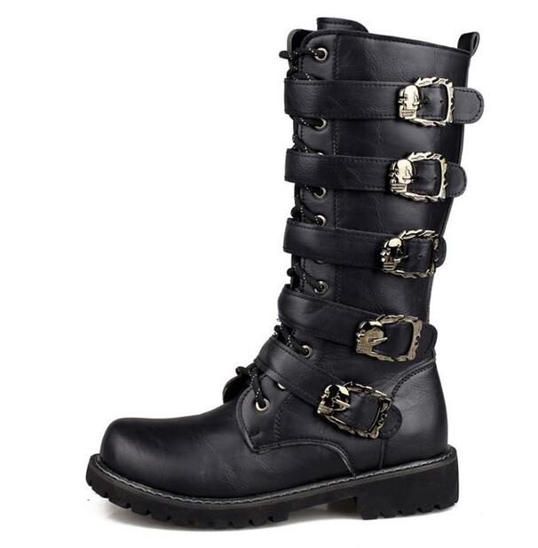 Steampunk mid-calf boots with skull buckles, stylish gothic design, perfect for rock festivals and autumn wear.