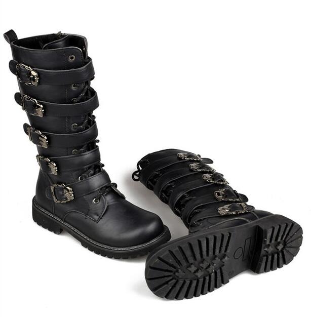 Stylish steampunk boots with skull buckles, mid-calf combat footwear, perfect for gothic fashion and rock festivals.
