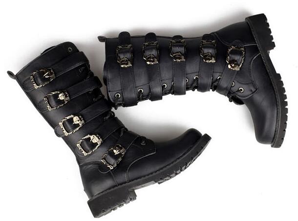 Black mid-calf steampunk boots with skull buckles, perfect for gothic fashion and rock festivals.