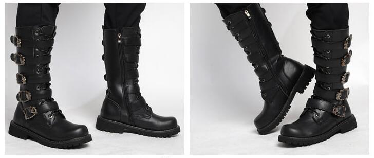 Steampunk boots with skull buckles, mid-calf combat footwear for gothic style lovers.
