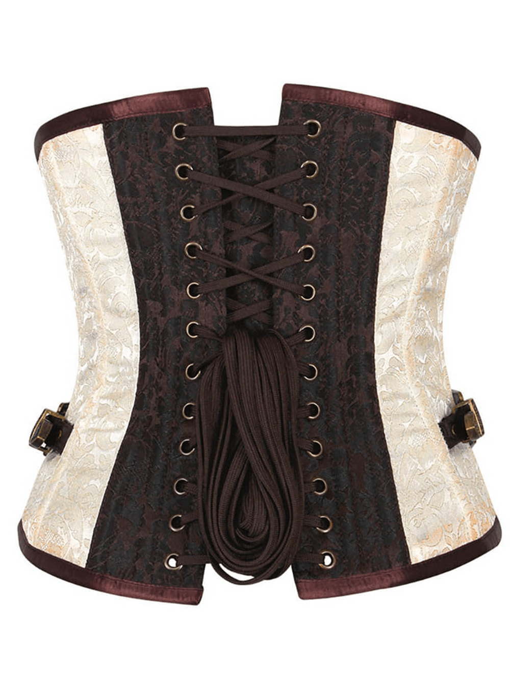 Steampunk brocade underbust corset with metal clasps and lacing, perfect for adventurous styling.