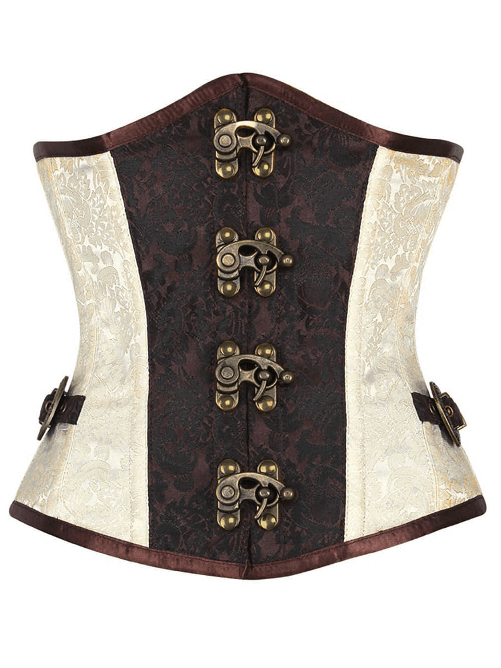 Steampunk brocade underbust corset showcasing metal clasps and elegant design, perfect for adventurous fashion lovers.