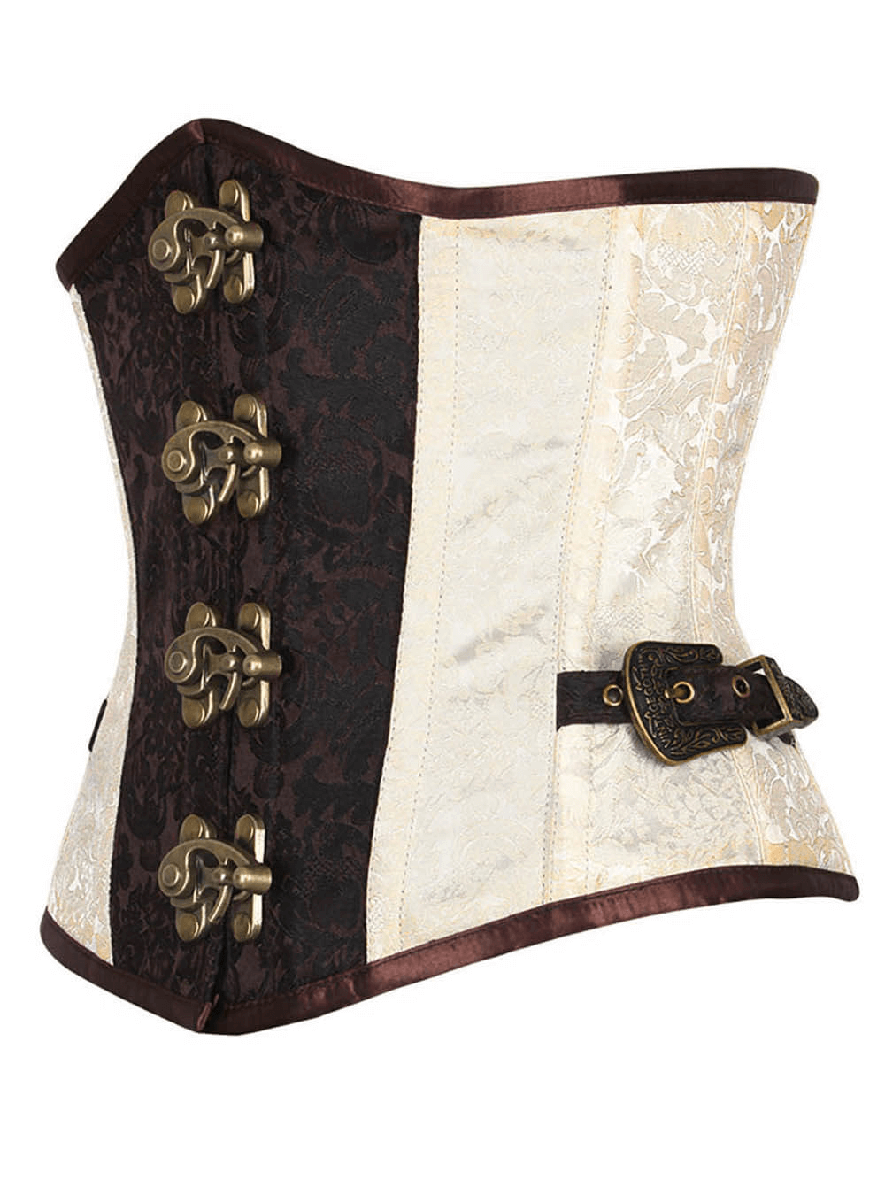 Brocade steampunk underbust corset featuring metal clasps, adding adventure and style to your wardrobe.