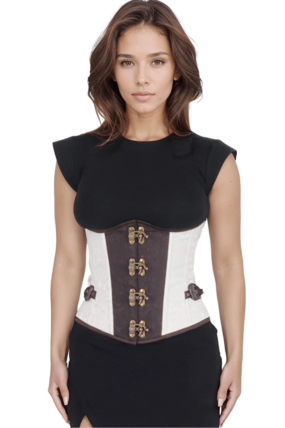 Model wearing a Steampunk brocade underbust corset with metal clasps, showcasing elegant design and structured fit.