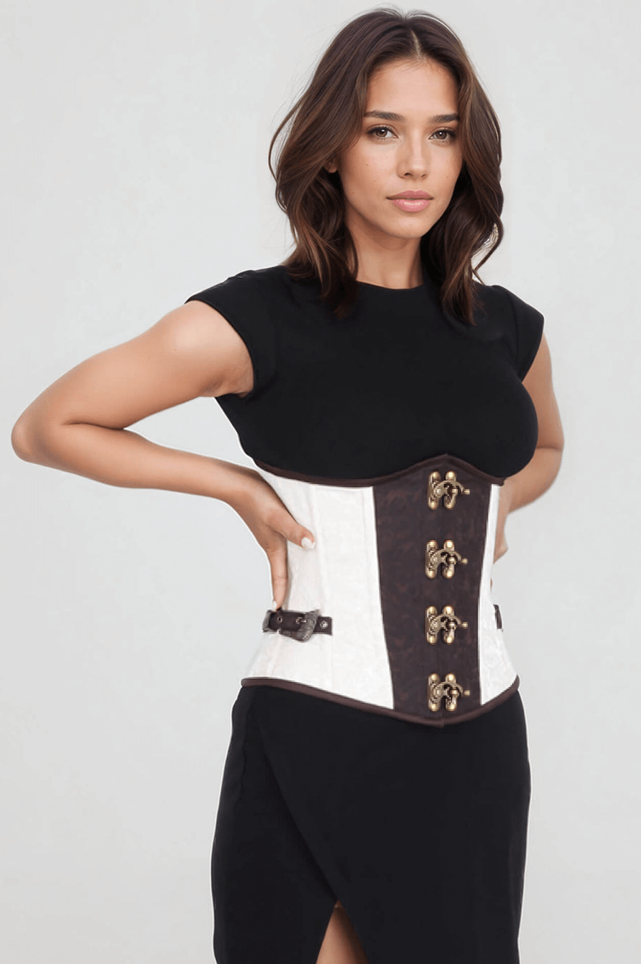 Elegant woman modeling a Steampunk brocade underbust corset with metal clasps and stylish lacing.