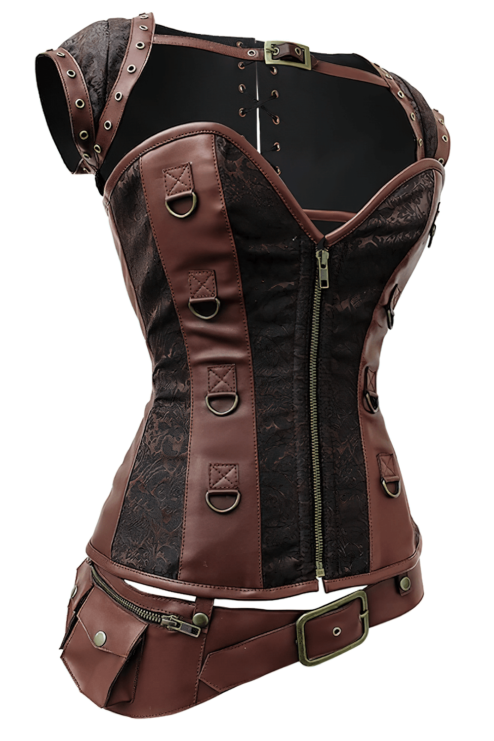 Alt Tag: Steampunk Brown Brocade Overbust Corset with Removable Belt featuring steel boning, front zipper, faux leather panels, D-rings
