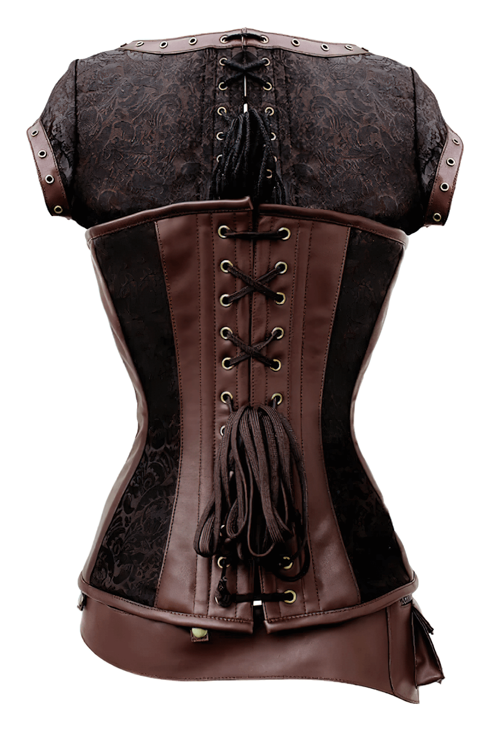 Alt Tag: Steampunk Brown Brocade Overbust Corset with Removable Belt back view, steel-boned lace-up, faux leather panels, utility belt