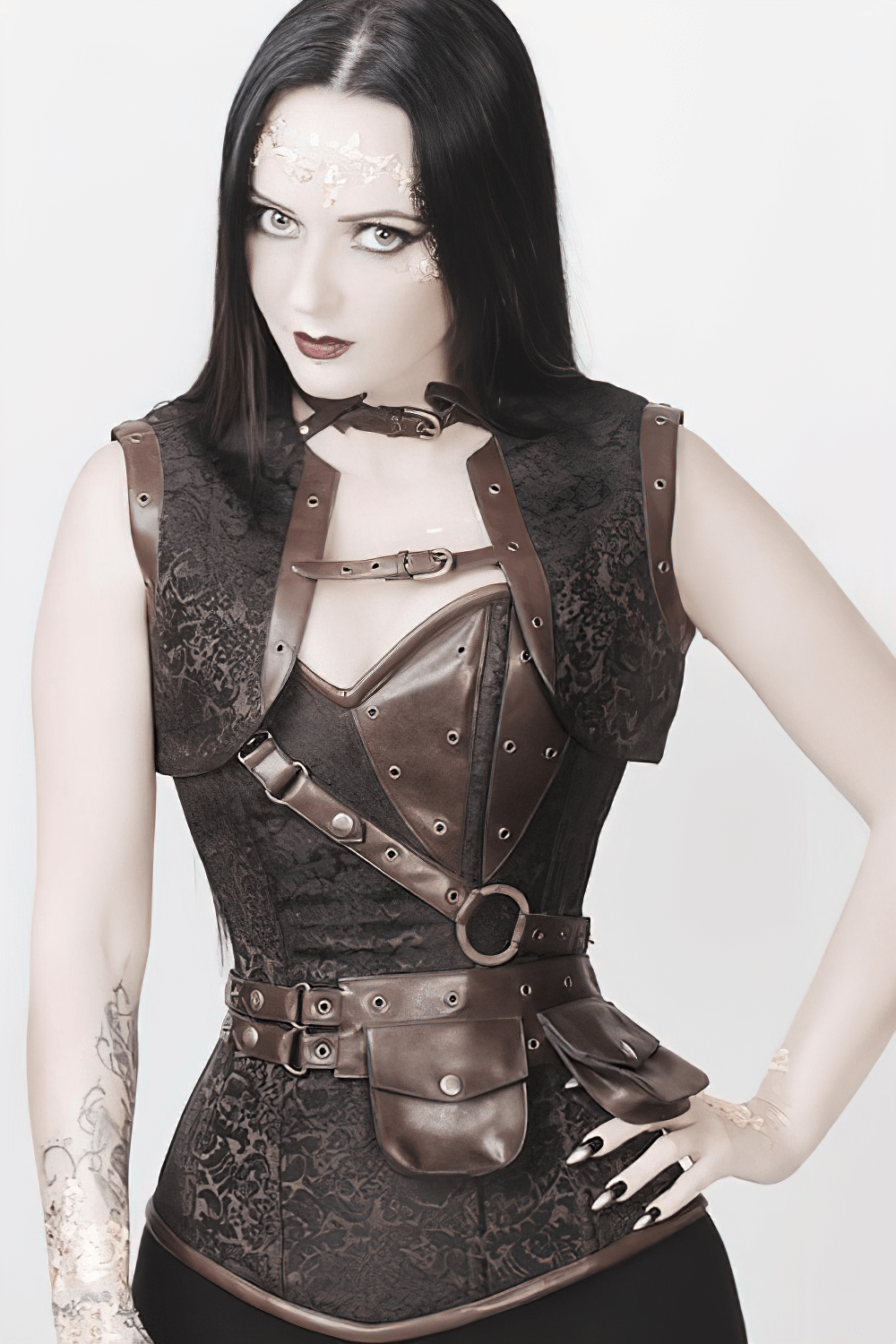 Steampunk brown brocade overbust corset with side zipper, showcasing unique design and intricate detailing.