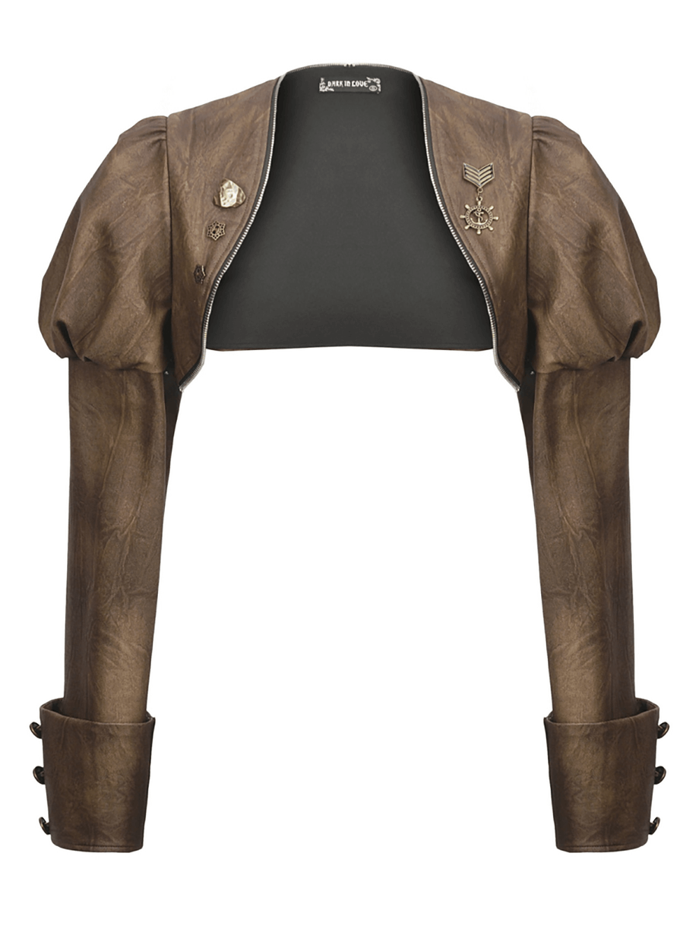 Steampunk brown PU leather bolero shrug with puffed shoulders and vintage badges for gothic fashion.