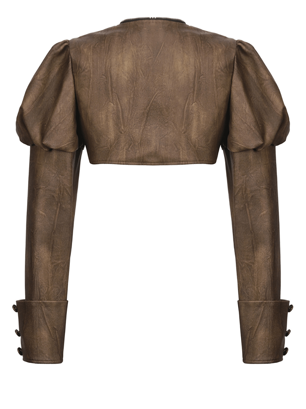 Back view of a steampunk brown PU leather bolero shrug jacket with puffed shoulders and buttoned cuffs.