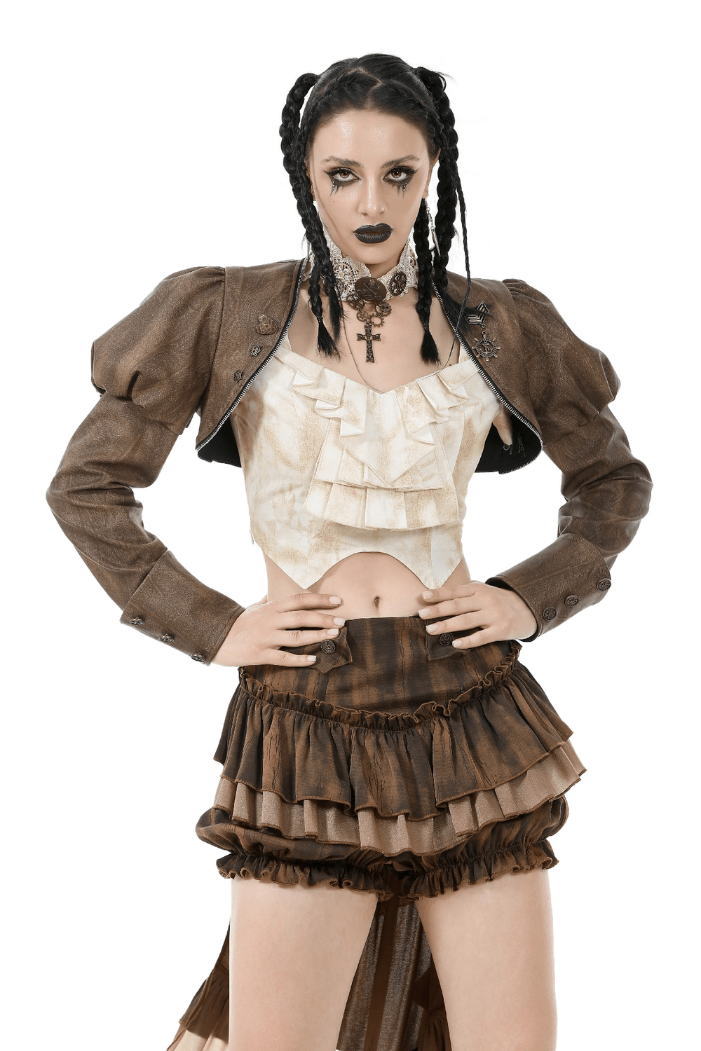 Model showcasing a vintage gothic cropped brown PU leather bolero shrug with puffed sleeves and edgy outfit.