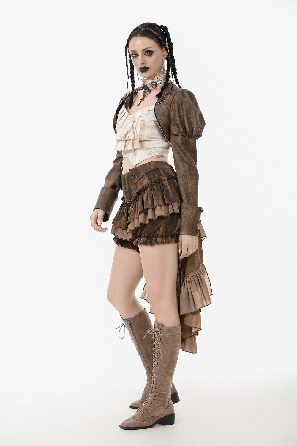 Steampunk brown PU leather bolero shrug jacket with puffed sleeves, styled for gothic fashion.