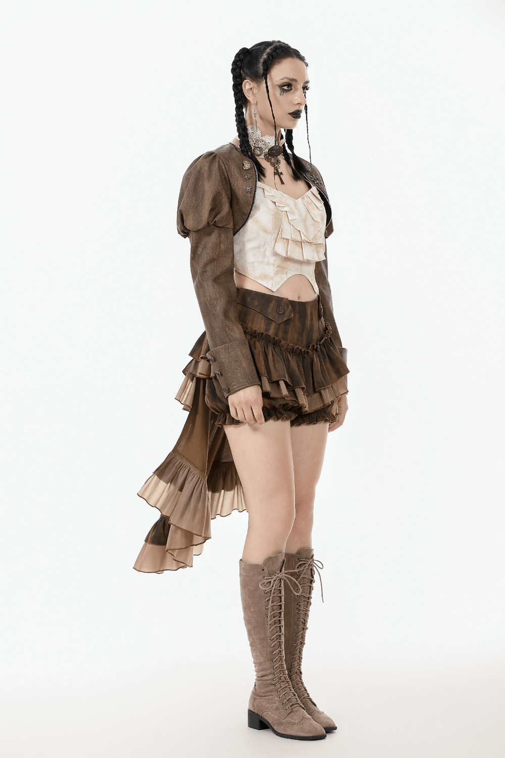 Steampunk brown PU leather bolero shrug jacket styled with a ruffled skirt, perfect for alternative fashion and cosplay.