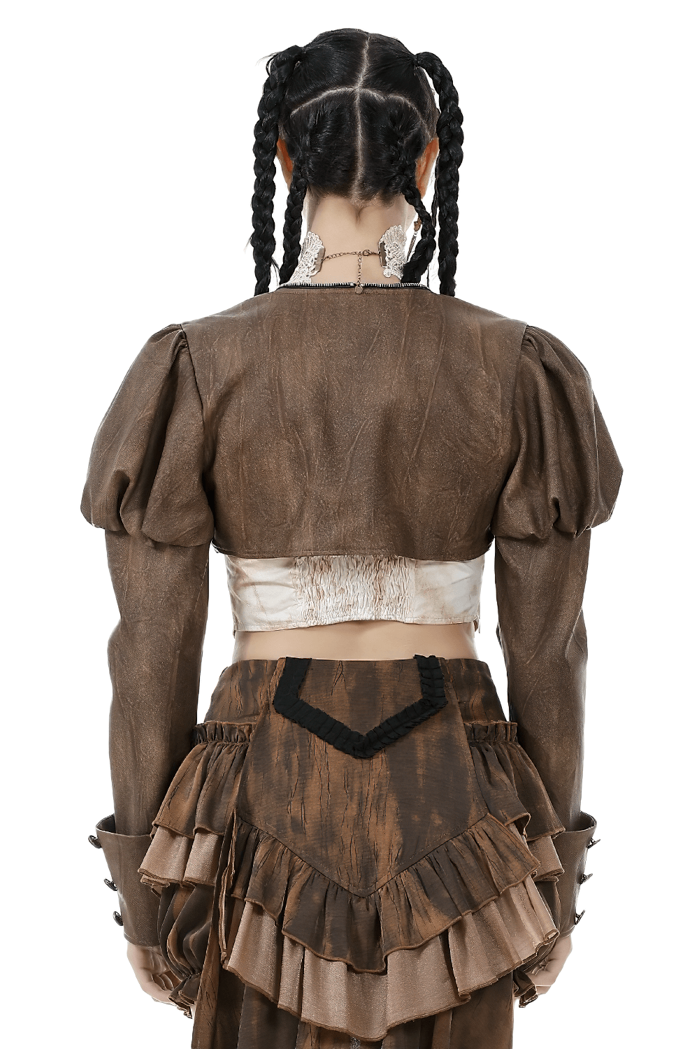 Back view of a vintage brown PU leather bolero shrug with puffed sleeves, perfect for goth and steampunk styles.