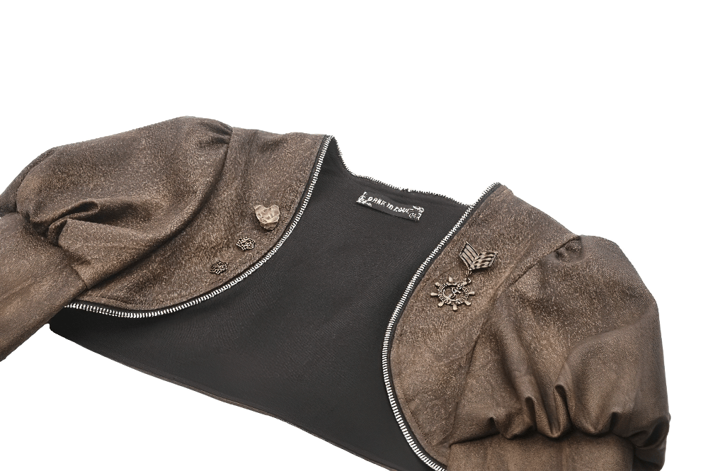 Steampunk brown PU leather bolero shrug jacket with puffed sleeves and vintage badges for gothic fashion.