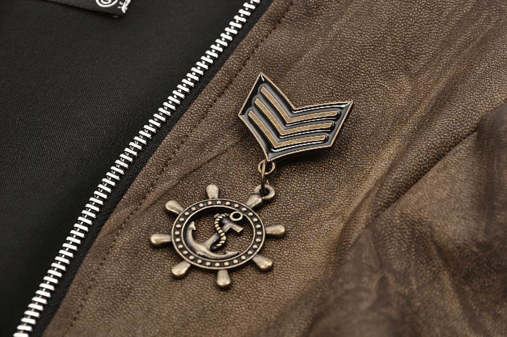 Vintage bronze badges on a brown PU leather jacket for steampunk style, featuring nautical and rank designs.