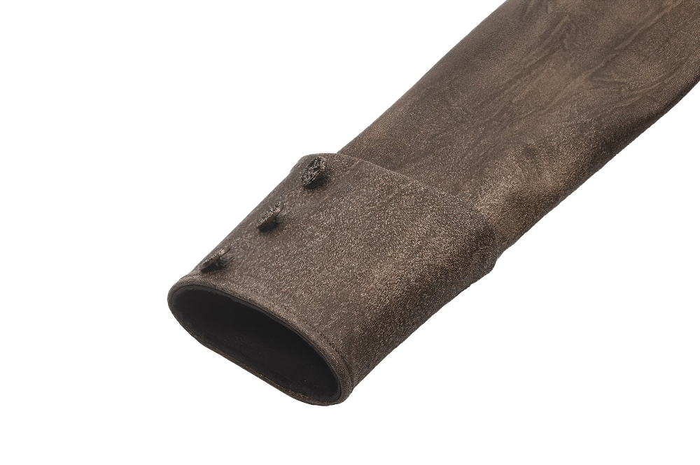 Close-up of the brown PU leather sleeve cuff with decorative button details for steampunk and gothic fashion.