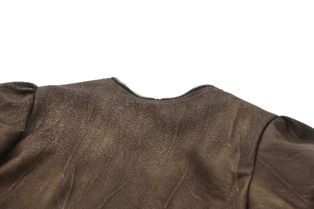 Back view of a steampunk brown PU leather bolero shrug with puffed shoulder detail and zipper.