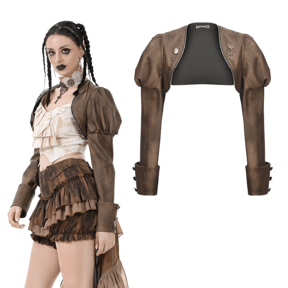 Steampunk brown PU leather bolero shrug jacket with puffed shoulders and decorative badges, perfect for gothic fashion.