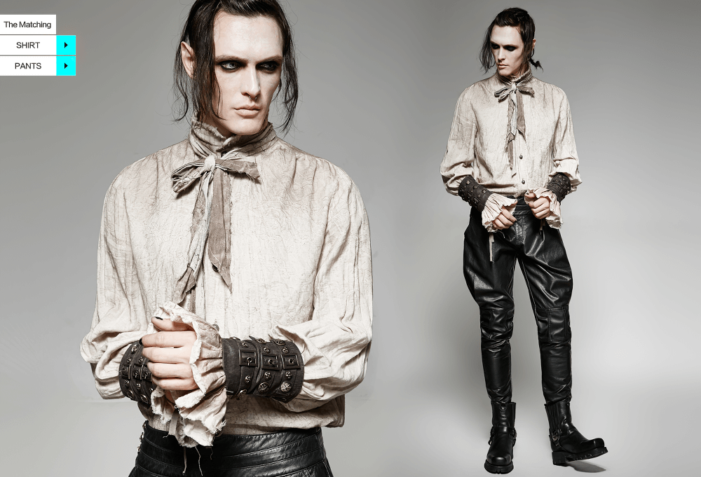 Model wearing a gothic outfit with a textured shirt and stylish black pants, showcasing unique steampunk bracers.