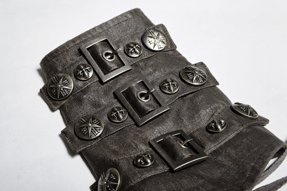 Dark brown steampunk bracers with rivets and buckles, perfect for gothic and alternative fashion.